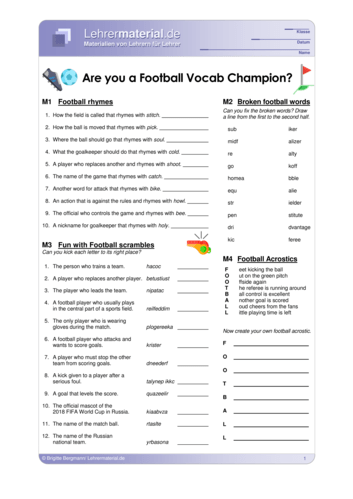Vorschaugrafik 1 für das  Arbeitsblatt Are you a Football Vocab Champion?  von Lehrermaterial.de.
