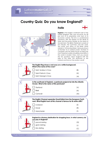 Vorschaugrafik 1 für das  Arbeitsblatt Country Quiz: Do you know England? von Lehrermaterial.de.