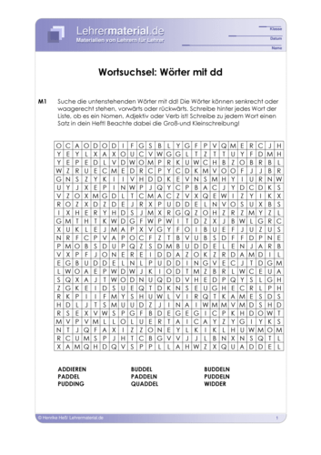 Vorschaugrafik 1 für das  Arbeitsblatt Wortsuchsel: Wörter mit dd von Lehrermaterial.de.