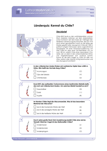 Vorschaugrafik 1 für das  Arbeitsblatt Länderquiz: Kennst du Chile? von Lehrermaterial.de.