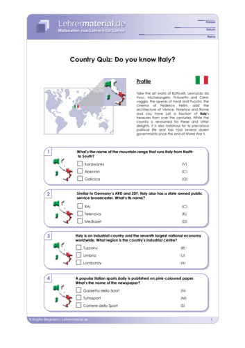 Vorschaugrafik 1 für das  Arbeitsblatt Country Quiz: Do you know Italy? von Lehrermaterial.de.