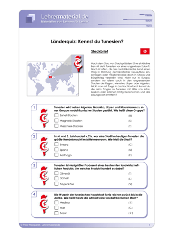 Vorschaugrafik 1 für das  Arbeitsblatt Länderquiz: Kennst du Tunesien? von Lehrermaterial.de.