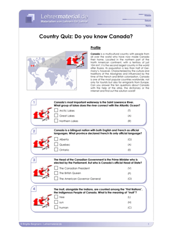 Vorschaugrafik 1 für das  Arbeitsblatt Country Quiz: Do you know Canada? von Lehrermaterial.de.