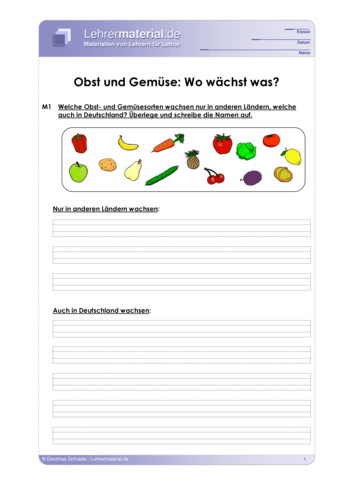 Vorschaugrafik 1 für das  Arbeitsblatt Obst und Gemüse: Wo wächst was? von Lehrermaterial.de.