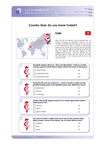 Vorschaugrafik 1 für das  Arbeitsblatt Country Quiz: Do you know Tunisia? von Lehrermaterial.de.