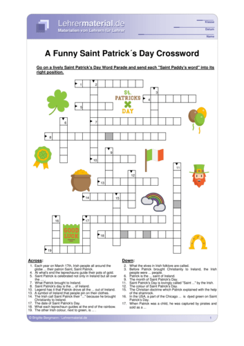 Vorschaugrafik 1 für das  Arbeitsblatt A Funny Saint Patrick’s Day Crossword  von Lehrermaterial.de.