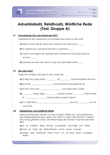 Vorschaugrafik 1 für das  Arbeitsblatt Adverbialsatz, Relativsatz, Wörtliche Rede (Test) von Lehrermaterial.de.