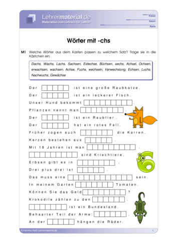 Vorschaugrafik 1 für das  Arbeitsblatt Wörter mit -chs von Lehrermaterial.de.