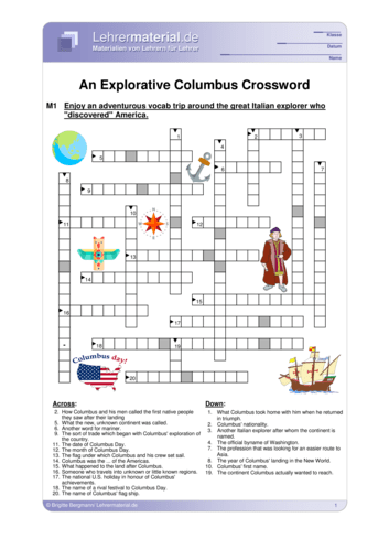 Vorschaugrafik 1 für das  Arbeitsblatt An Explorative Columbus Crossword von Lehrermaterial.de.