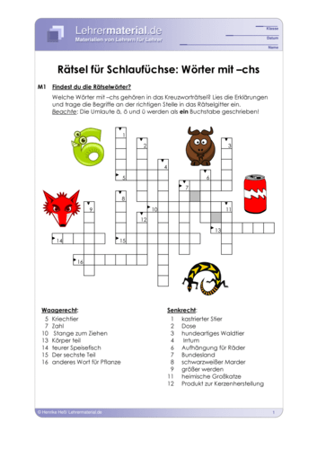 Vorschaugrafik 1 für das  Arbeitsblatt Rätsel für Schlaufüchse: Wörter mit –chs von Lehrermaterial.de.