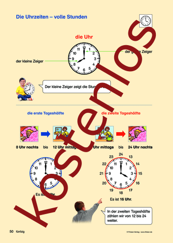 Vorschaugrafik 1 für das kostenlose Arbeitsblatt Komm zu Wort: Uhrzeiten von Lehrermaterial.de.