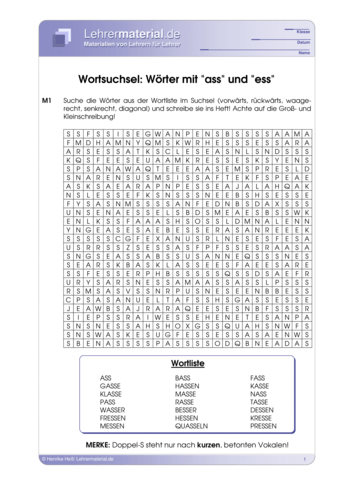 Vorschaugrafik 1 für das  Arbeitsblatt Wortsuchsel: Wörter mit ass und ess von Lehrermaterial.de.