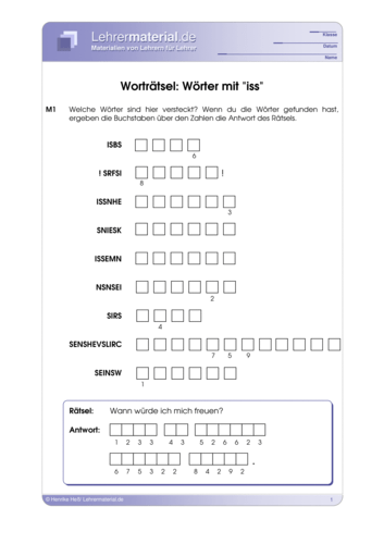 Vorschaugrafik 1 für das  Arbeitsblatt Worträtsel: Wörter mit iss von Lehrermaterial.de.
