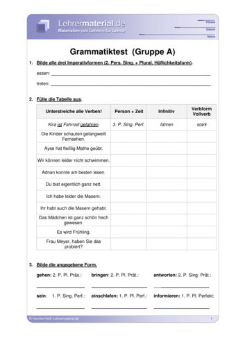 Vorschaugrafik 1 für das  Arbeitsblatt Grammatiktest  von Lehrermaterial.de.